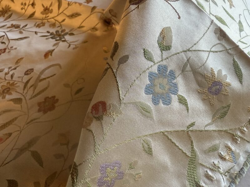 img_1748-1 Butterfly Lovers Chinoiserie Garden 100% Silk Lampas Pink Blue Green over Gold Almond MSRP USD424/yard