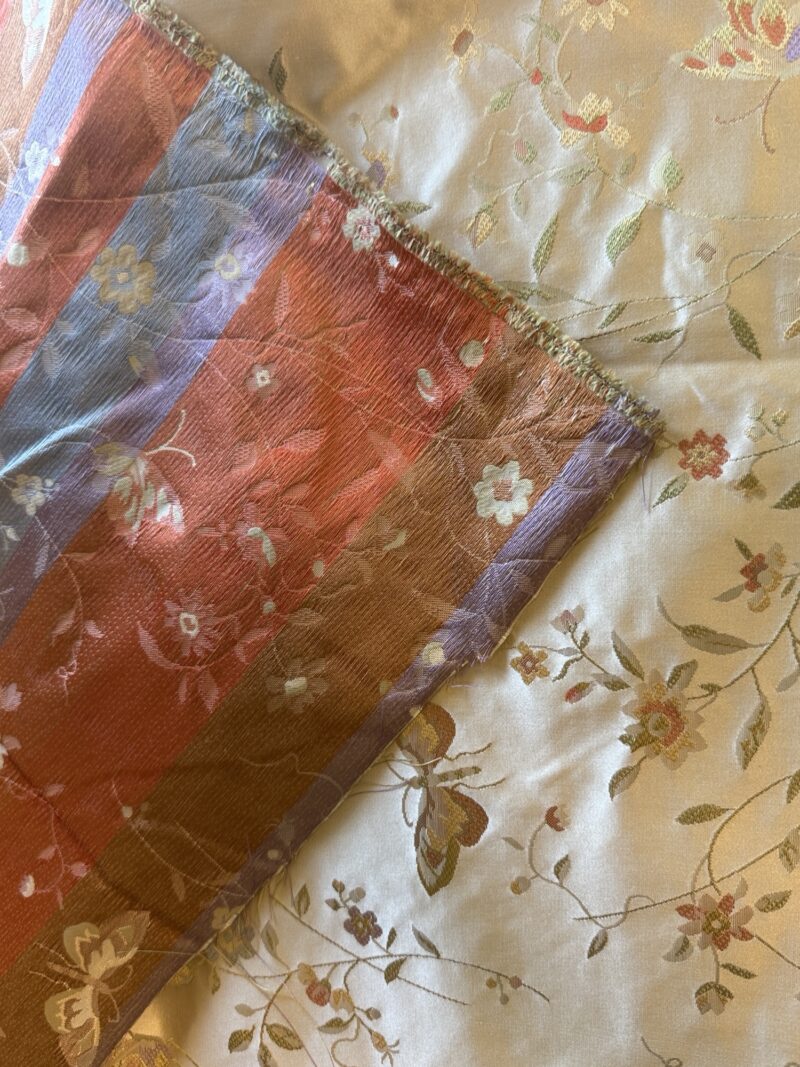 img_1750-1 Butterfly Lovers Chinoiserie Garden 100% Silk Lampas Pink Blue Green over Gold Almond MSRP USD424/yard