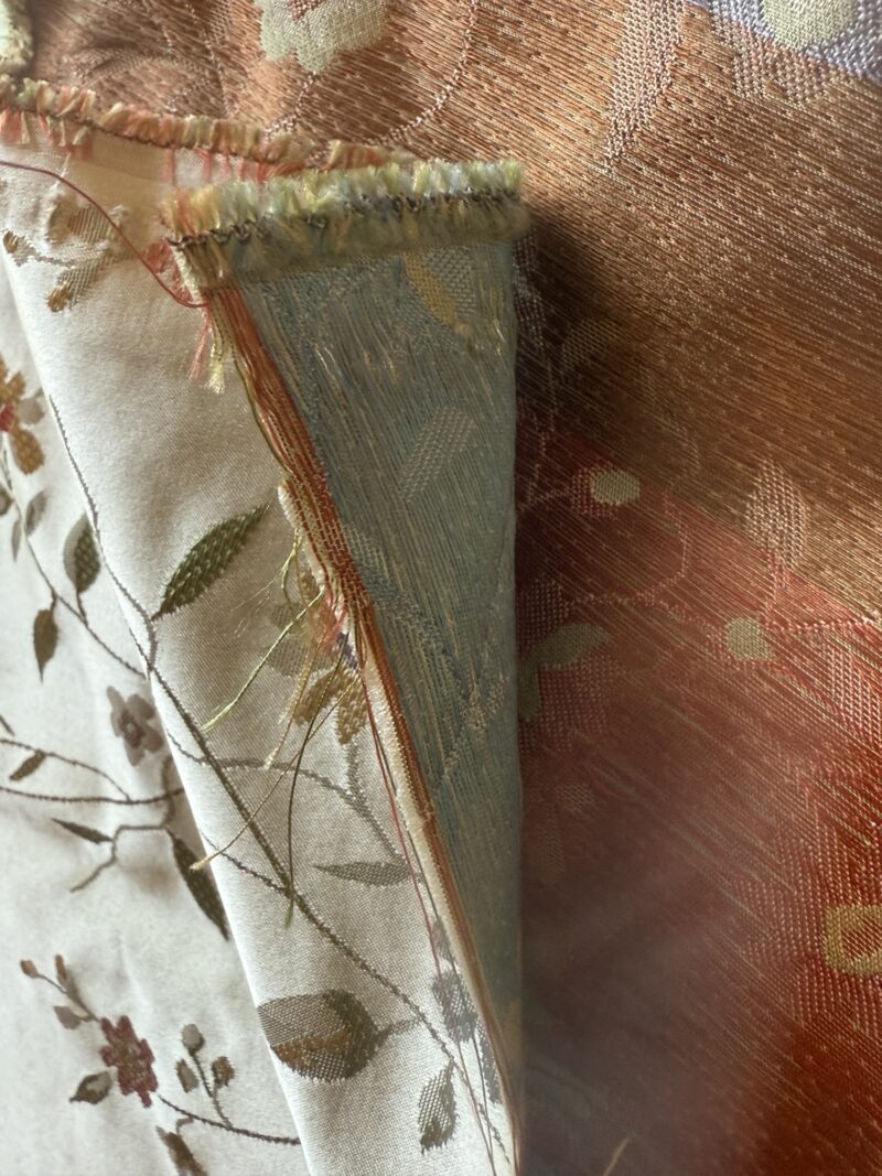img_1753-1 Butterfly Lovers Chinoiserie Garden 100% Silk Lampas Pink Blue Green over Gold Almond MSRP USD424/yard