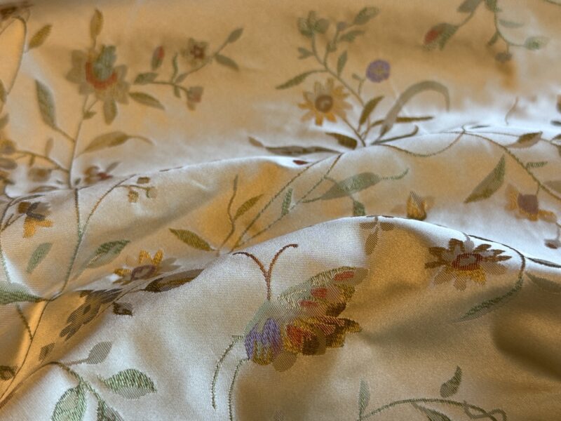 img_1754-1 Butterfly Lovers Chinoiserie Garden 100% Silk Lampas Pink Blue Green over Gold Almond MSRP USD424/yard