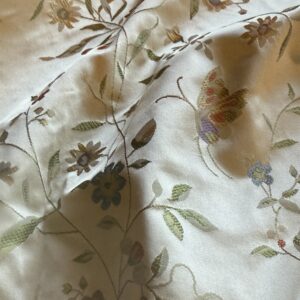 img_1755-1 Butterfly Lovers Chinoiserie Garden 100% Silk Lampas Pink Blue Green over Gold Almond MSRP USD424/yard