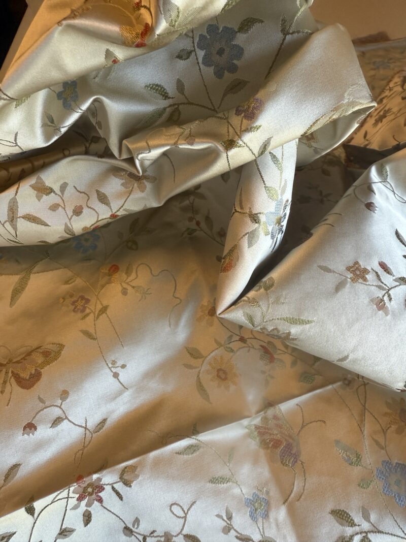 img_1756-1 Butterfly Lovers Chinoiserie Garden 100% Silk Lampas Pink Blue Green over Gold Almond MSRP USD424/yard