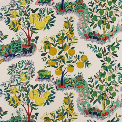 175760 Schumacher Citrus Garden in Primary Trees Toile Linen Fabric Primary Multi MSRP396/Y
