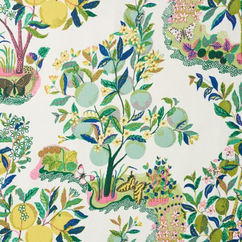 175762 Schumacher Citrus Garden in Lime Trees Toile Linen Fabric Primary Multi MSRP396/Y