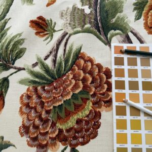 IMG_3219 By yard Highlander Historical Chintz print Grand Jacobean Cantalope Orange Red Green Tree of Life Cotton Block Print Made in US MSRP USD298/y