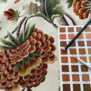 IMG_3220 By yard Highlander Historical Chintz print Grand Jacobean Cantalope Orange Red Green Tree of Life Cotton Block Print Made in US MSRP USD298/y