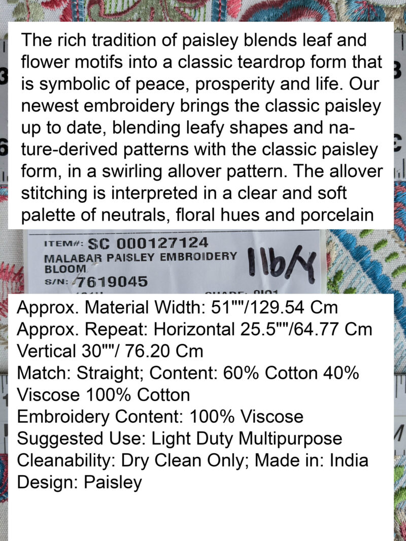 By yard Scalamandre Malabar Paisley Embroidery Bloom Blue Pink White Rich Spring Colors MSRP USD 620/y