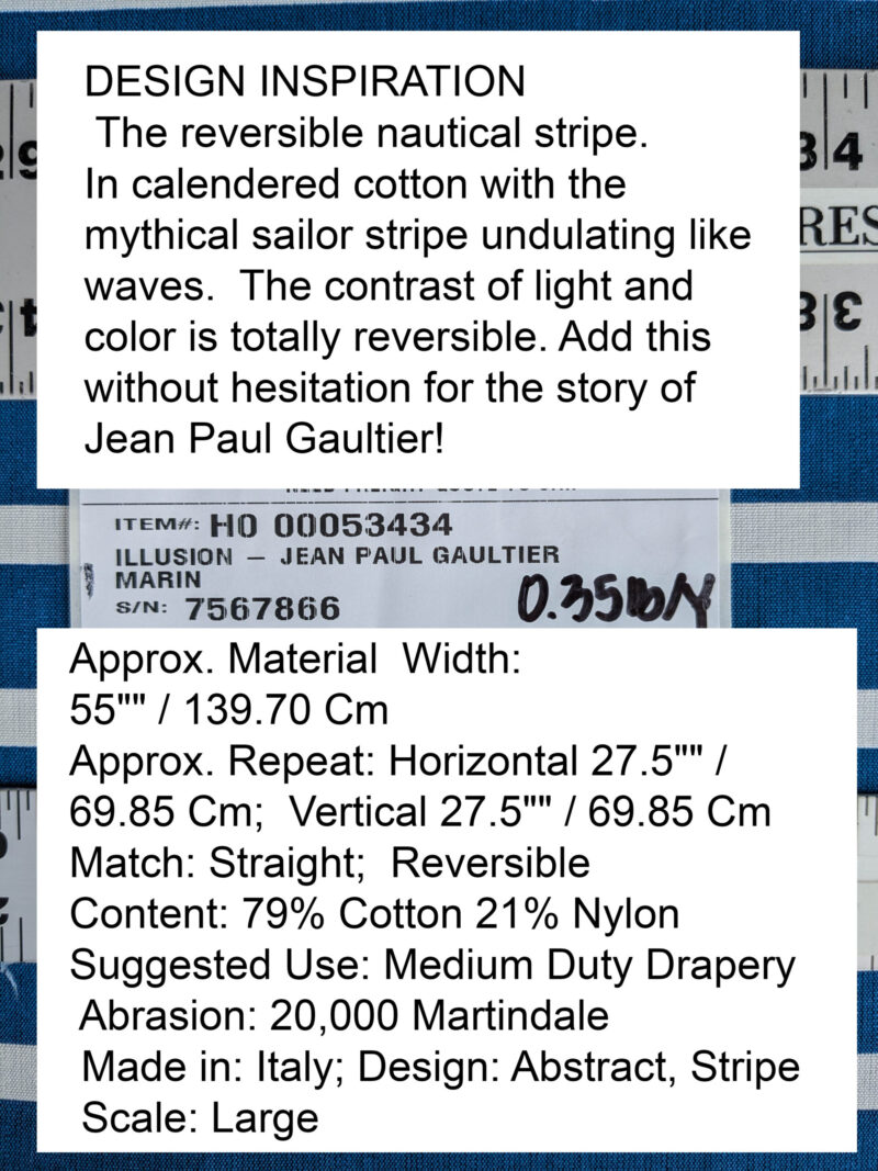 PXL_20250711_172210917 By yard Scalamandre Jean Paul Gaultier Illusion Marin Blue White Stripe Abstract Coton MSRP USD 644/yard