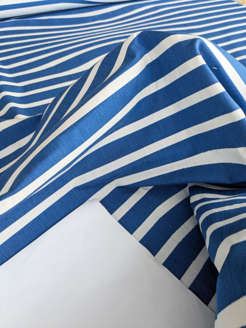 PXL_20250711_172650315 By yard Scalamandre Jean Paul Gaultier Illusion Marin Blue White Stripe Abstract Coton MSRP USD 644/yard