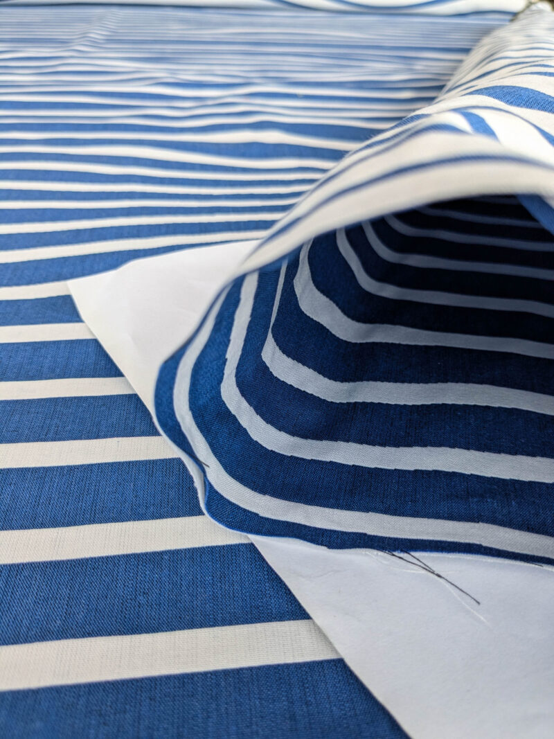 PXL_20250711_172717494 By yard Scalamandre Jean Paul Gaultier Illusion Marin Blue White Stripe Abstract Coton MSRP USD 644/yard