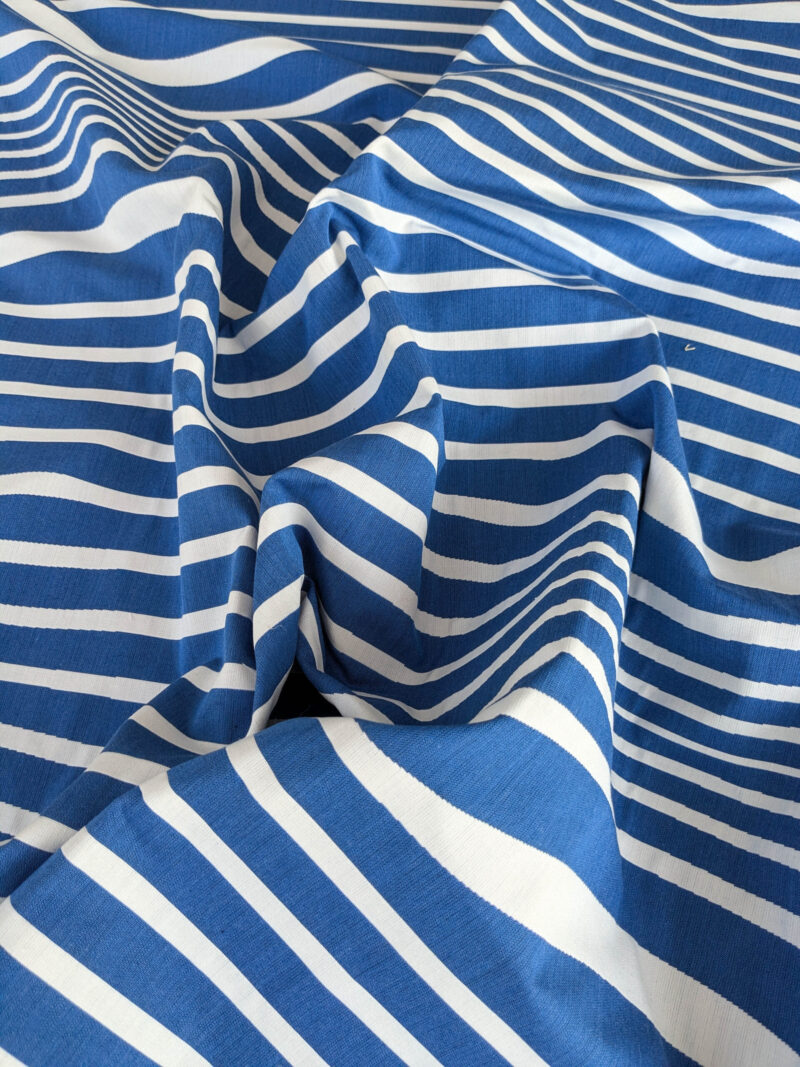 PXL_20250711_172739055 By yard Scalamandre Jean Paul Gaultier Illusion Marin Blue White Stripe Abstract Coton MSRP USD 644/yard