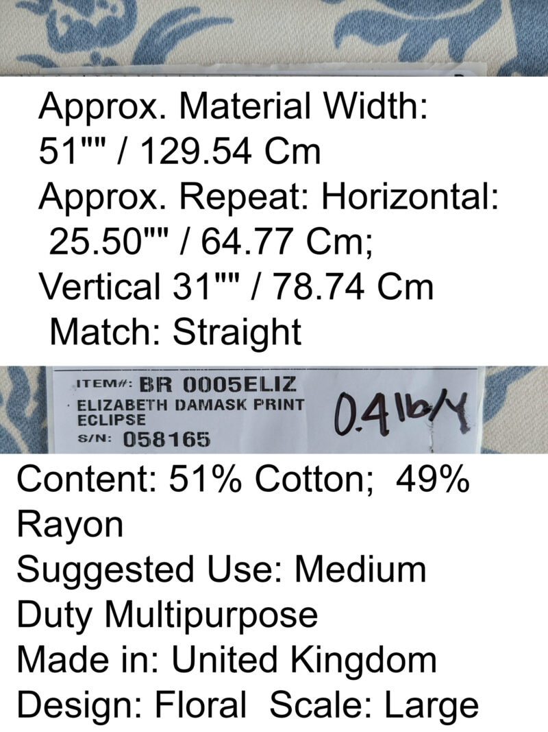 PXL_20250711_173152289 By yard Scalamandre Elizabeth Damask Print Eclipse Blue White Floral Large Scale Cotton Rayon MSRP USD420/y