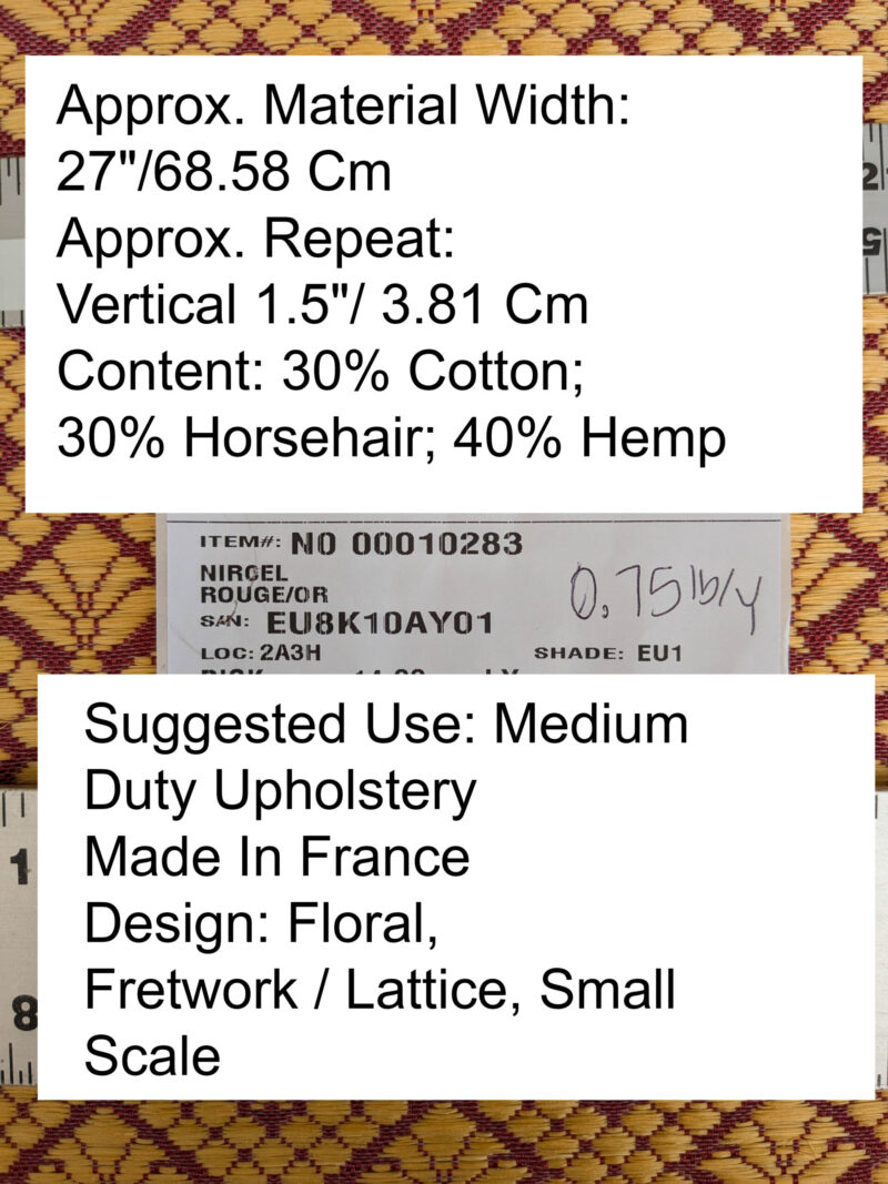 PXL_20250723_184059793 by yard Scalamandre Old World Weavers Nircel Rouge Or Red Gold Horsehairs Small Scales Fretwork MSRP USD1150/y