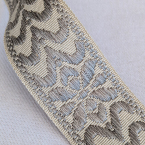 PXL_20250723_185520018 Scalamandre Trim Beauvais Silk Grey on Cream Botanical Foliage Medallion MSRP USD 98/y