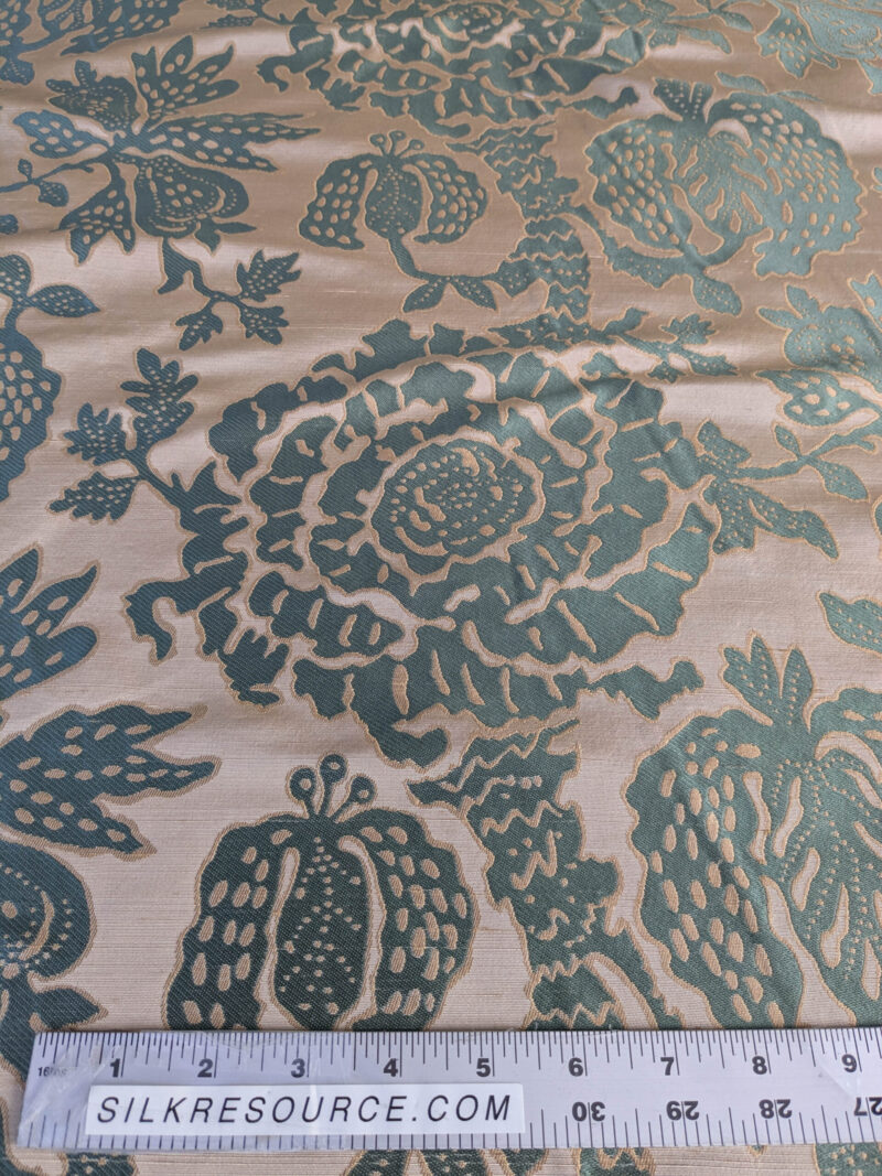 PXL_20250725_171823858 BTY 100% Silk Lampas Papercut Tree Of Life Pom "Aquamist" Aqua Blue Beige