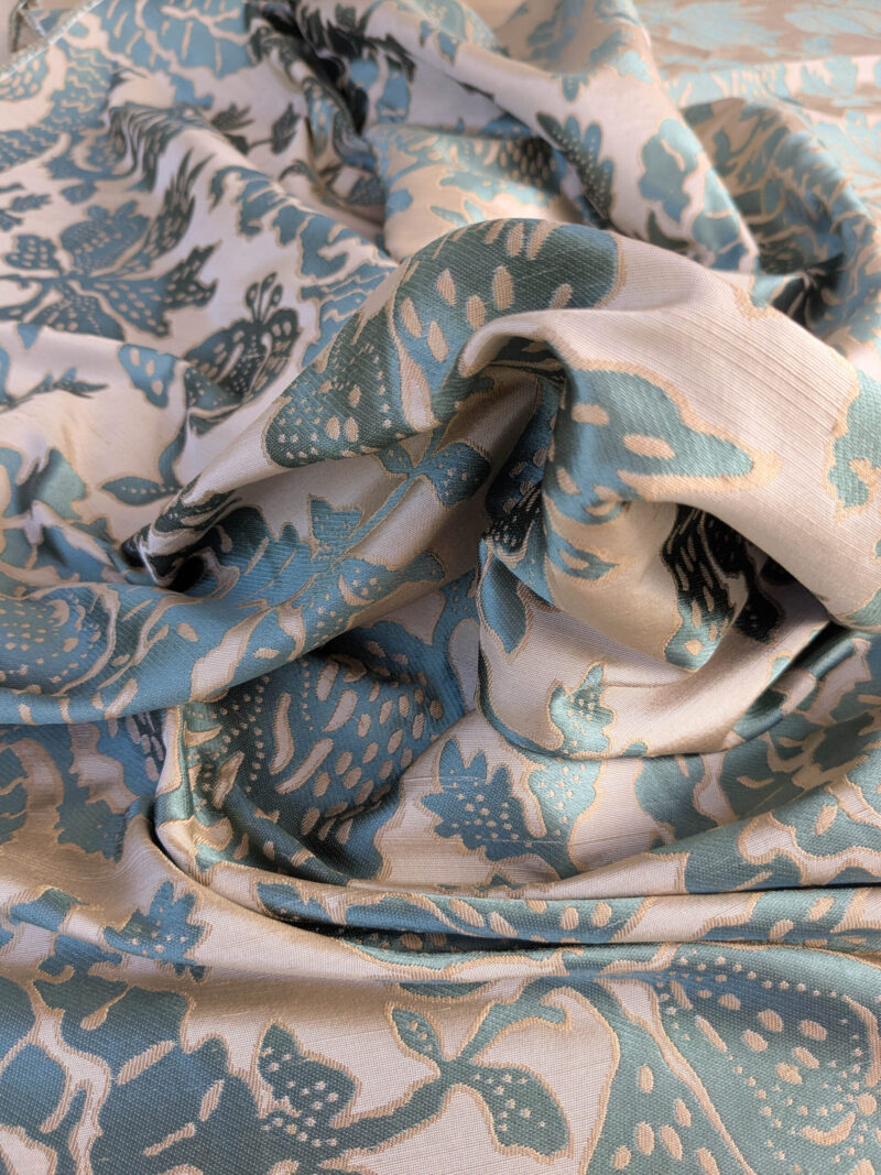 PXL_20250725_171932476 BTY 100% Silk Lampas Papercut Tree Of Life Pom "Aquamist" Aqua Blue Beige