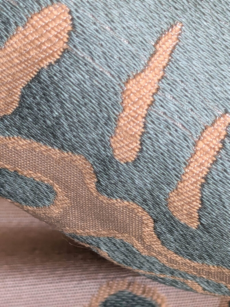 PXL_20250725_171944988 BTY 100% Silk Lampas Papercut Tree Of Life Pom "Aquamist" Aqua Blue Beige