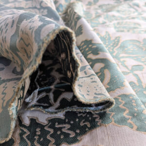 PXL_20250725_172018955 BTY 100% Silk Lampas Papercut Tree Of Life Pom "Aquamist" Aqua Blue Beige