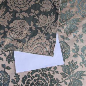 PXL_20250725_172059363 BTY 100% Silk Lampas Papercut Tree Of Life Pom "Aquamist" Aqua Blue Beige