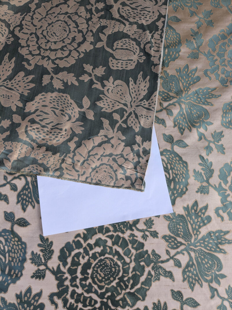 PXL_20250725_172059363 BTY 100% Silk Lampas Papercut Tree Of Life Pom "Aquamist" Aqua Blue Beige