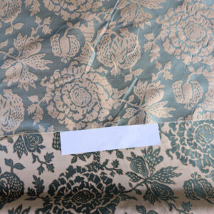 PXL_20250725_172132675 BTY 100% Silk Lampas Papercut Tree Of Life Pom "Aquamist" Aqua Blue Beige