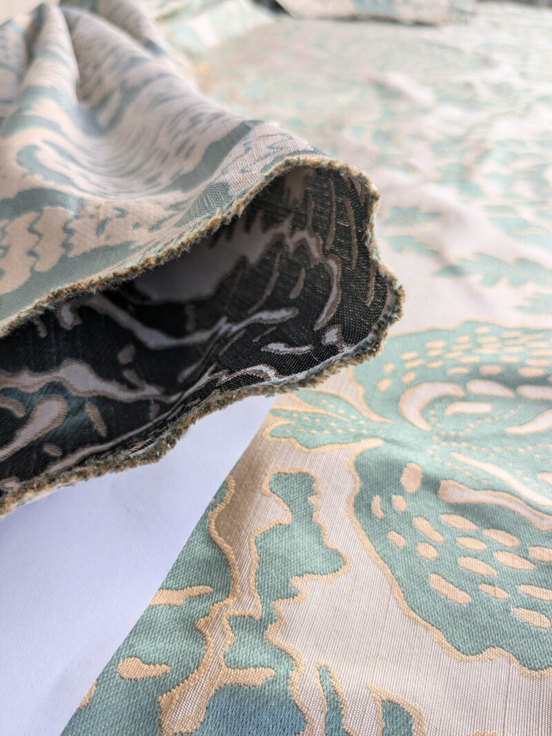 PXL_20250725_172212214 BTY 100% Silk Lampas Papercut Tree Of Life Pom "Aquamist" Aqua Blue Beige