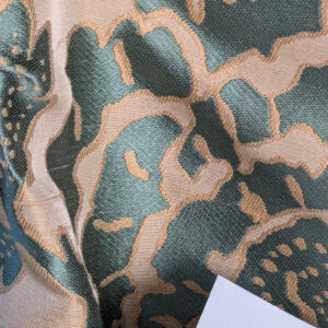 PXL_20250725_172234349 BTY 100% Silk Lampas Papercut Tree Of Life Pom "Aquamist" Aqua Blue Beige