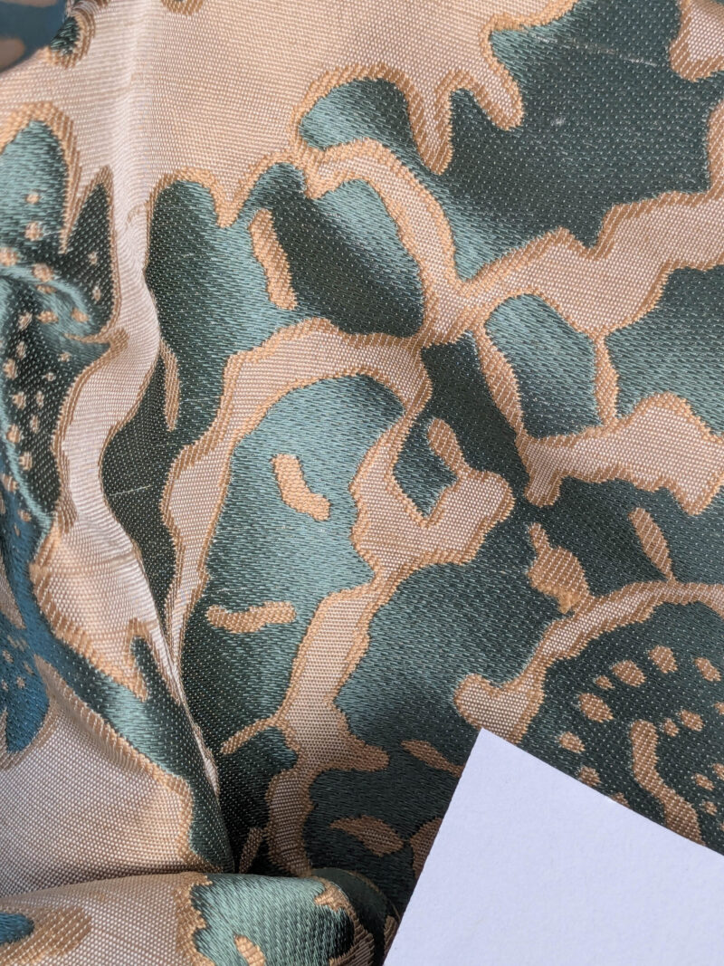 PXL_20250725_172234349 BTY 100% Silk Lampas Papercut Tree Of Life Pom "Aquamist" Aqua Blue Beige