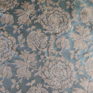 PXL_20250725_172442775 BTY 100% Silk Lampas Papercut Tree Of Life Pom "Aquamist" Aqua Blue Beige