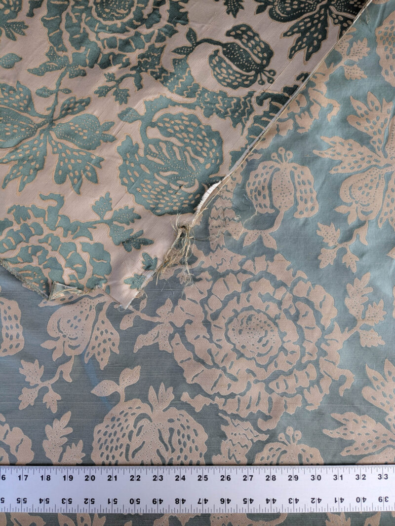 PXL_20250725_172502352 BTY 100% Silk Lampas Papercut Tree Of Life Pom "Aquamist" Aqua Blue Beige