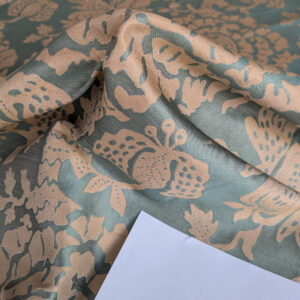 PXL_20250725_173139227 BTY 100% Silk Lampas Papercut Tree Of Life Pom "Aquamist" Aqua Blue Beige