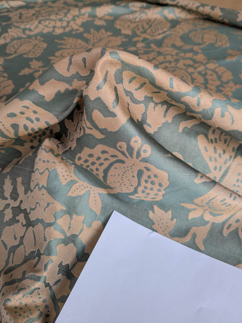 PXL_20250725_173139227 BTY 100% Silk Lampas Papercut Tree Of Life Pom "Aquamist" Aqua Blue Beige