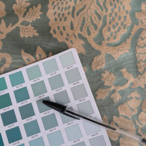 PXL_20250725_173228579 BTY 100% Silk Lampas Papercut Tree Of Life Pom "Aquamist" Aqua Blue Beige