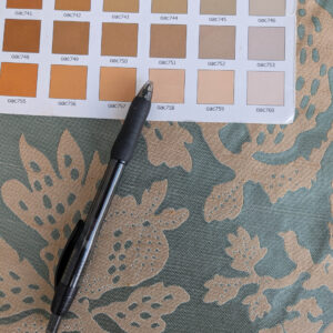 PXL_20250725_173244736 BTY 100% Silk Lampas Papercut Tree Of Life Pom "Aquamist" Aqua Blue Beige