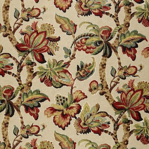174441 Special Order Schumacher Kemscott in Document Red Green Cream Linen Large Flora Tree Foliage MSRP USD 336/y