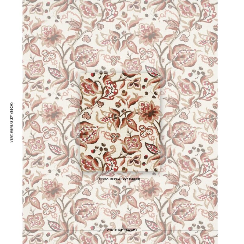 180971-1 Special Order Schumacher Alexandra Vine Linen in Natural and Spice Red Brown Cream Large Flora Jacobean MSRP USD 308/y