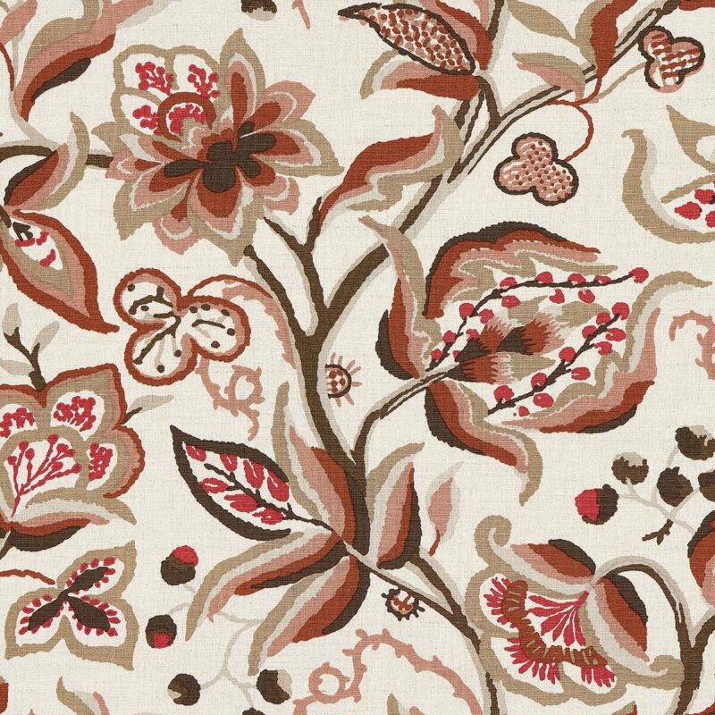 180971 Special Order Schumacher Alexandra Vine Linen in Natural and Spice Red Brown Cream Large Flora Jacobean MSRP USD 308/y