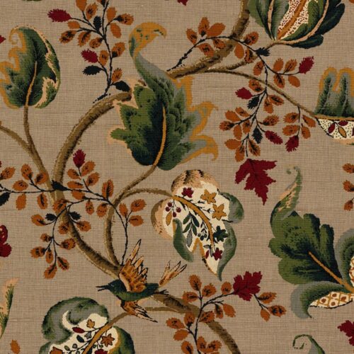 2639641 Special Order Schumacher Fox Hollow Multi in Flannel Orange Red Green Brown Linen Cotton Large Flora Tree Foliage MSRP USD 268/y