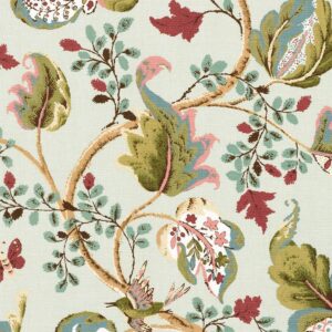 2639645 Special Order Schumacher Fox Hollow In Robin's Egg Blue Brown Green Red Linen Cotton Large Flora Tree Foliage MSRP USD 268/y