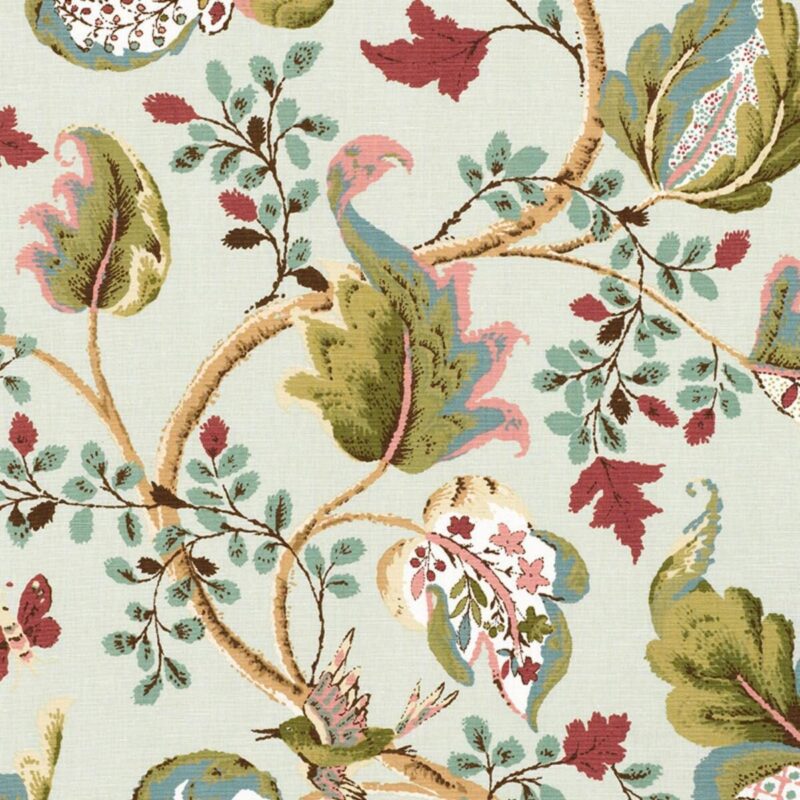 2639645 Special Order Schumacher Fox Hollow In Robin's Egg Blue Brown Green Red Linen Cotton Large Flora Tree Foliage MSRP USD 268/y