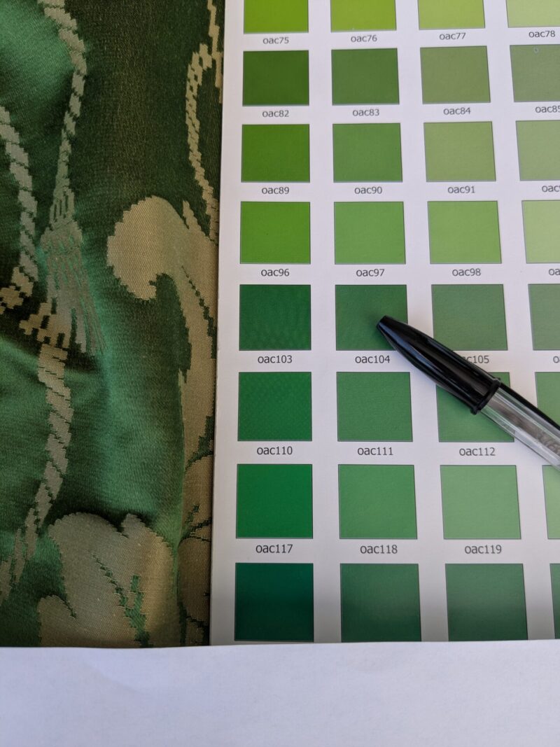 PXL_20250812_180753791 By yard Tuscany Acanthus Silk Damask Stripe Emerald Foliage Green