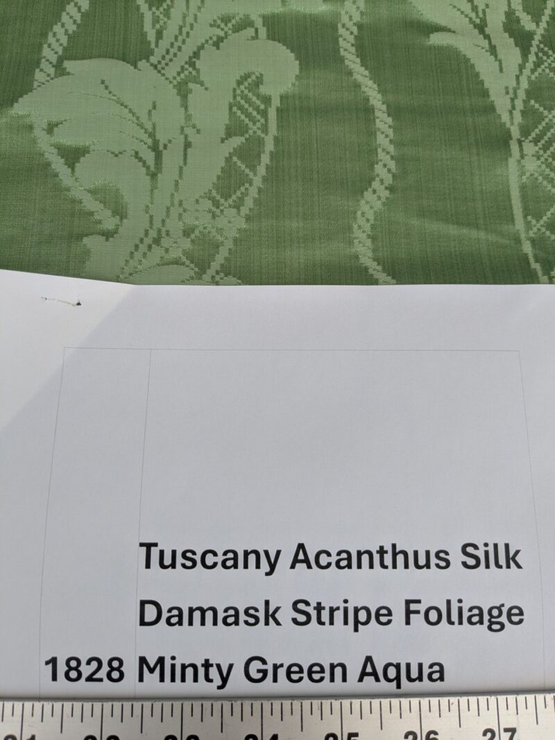 PXL_20250812_181303659 By yard Tuscany Acanthus Silk Damask Stripe Foliage Minty Green Aqua MSRP USD 356/yard