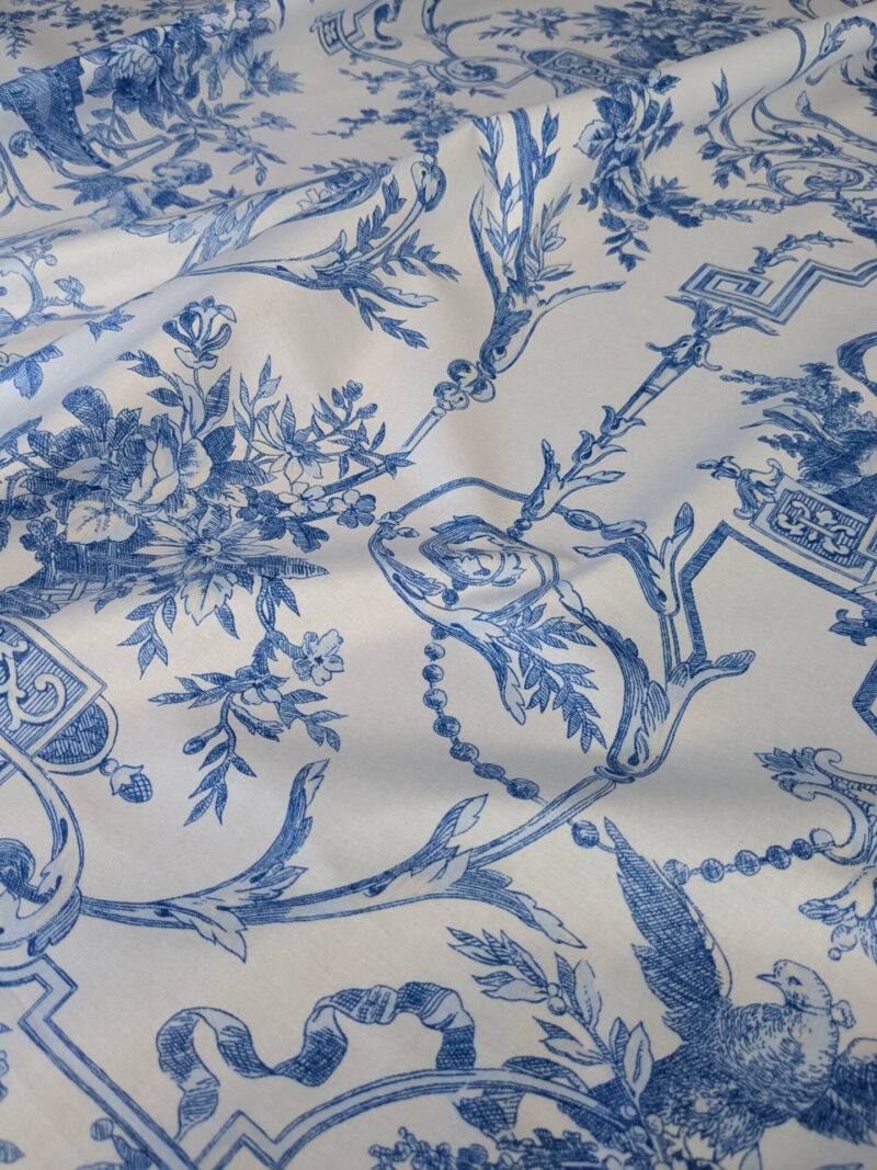 By yard Canvendish Hall Toile Print Historical Angel Cherubs Putti Dove Love Renaissance Toile de Jouy Blue on White