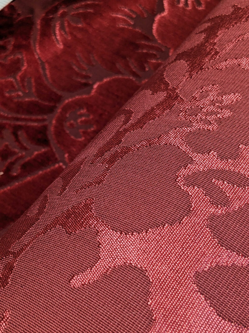 original_89d0fea1-067b-45ff-8a01-e6c49bda3573_PXL_20240127_000518651 By yard Scalamandre Stan Hywet Silk Cotton Velvet Damask Red Renaissance Cut Velvet MSRP USD 922/y