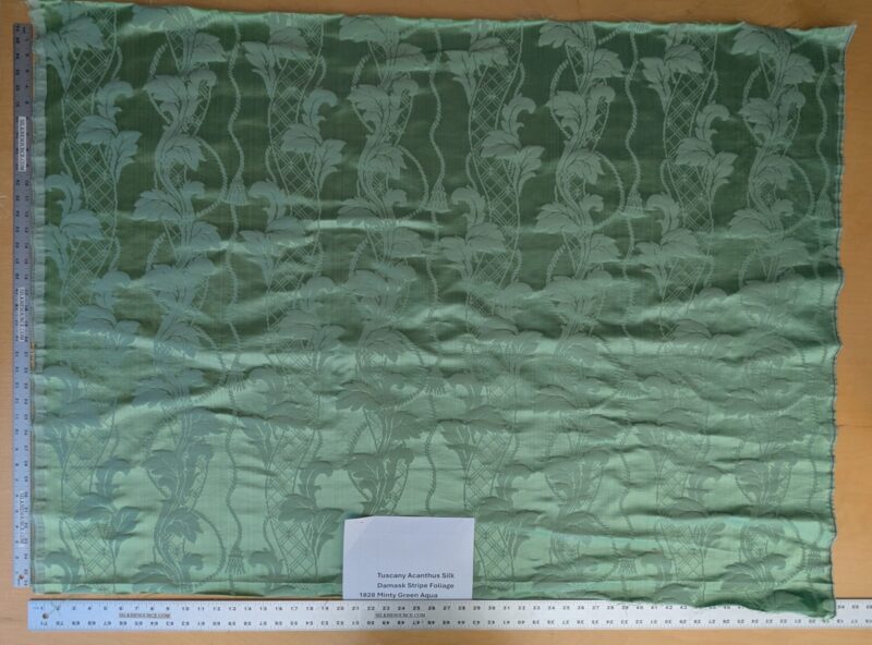 original_e7277e7e-76a9-400a-ab29-439c17b2a9a0_PXL_20250812_181239759 By yard Tuscany Acanthus Silk Damask Stripe Foliage Minty Green Aqua MSRP USD 356/yard